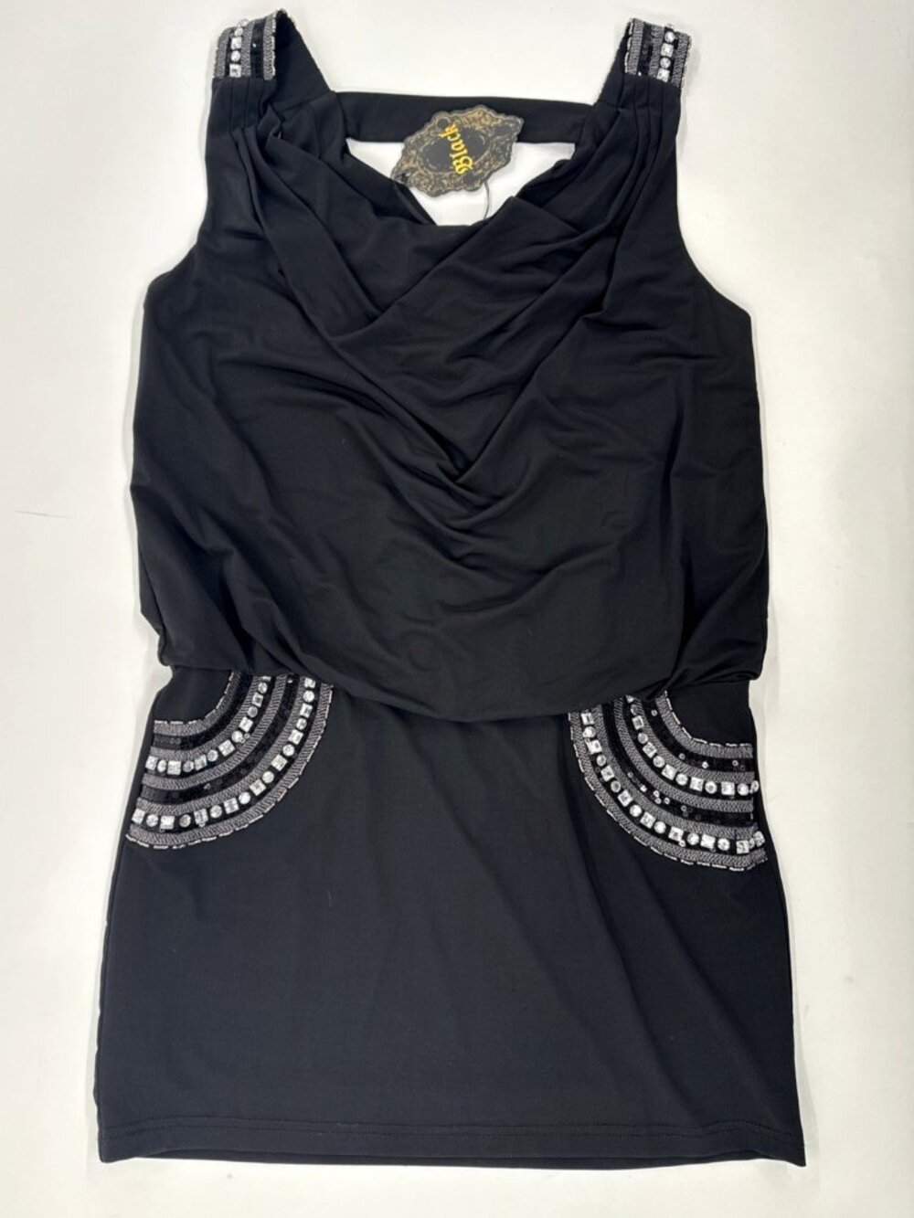 Black Rhinestone Sleeveless Dress Womens Large Bling Strap Rouched Stretch NEW